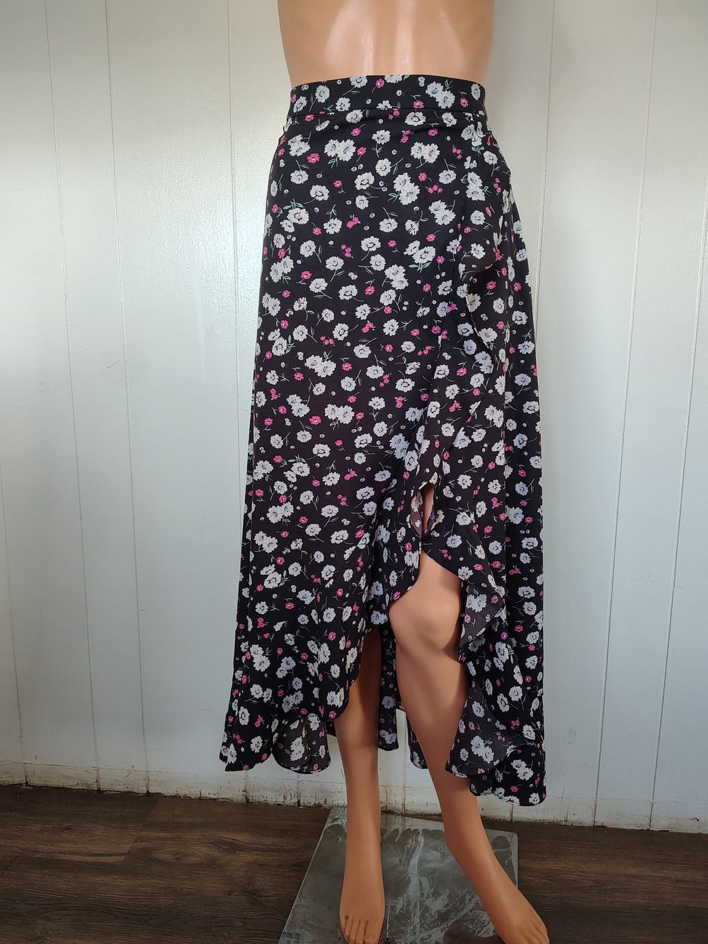 Lulu's Black Floral High-Low Midi Skirt with White & Pink Blooms